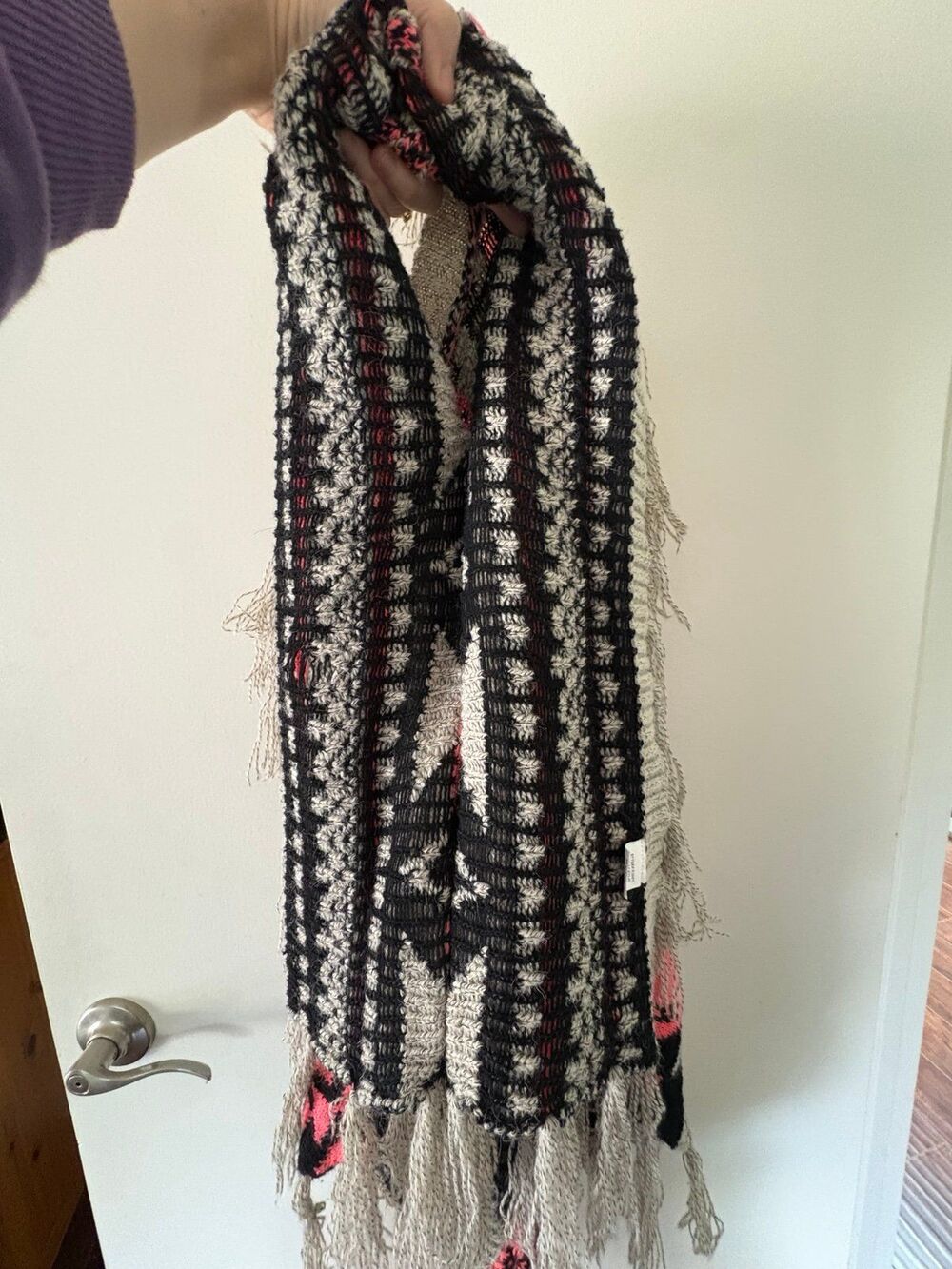 Aztec Fringe Poncho Sweater M Pink Knit Tribal Caftan Cardigan Boho 70s Festival - Picture 4 of 12